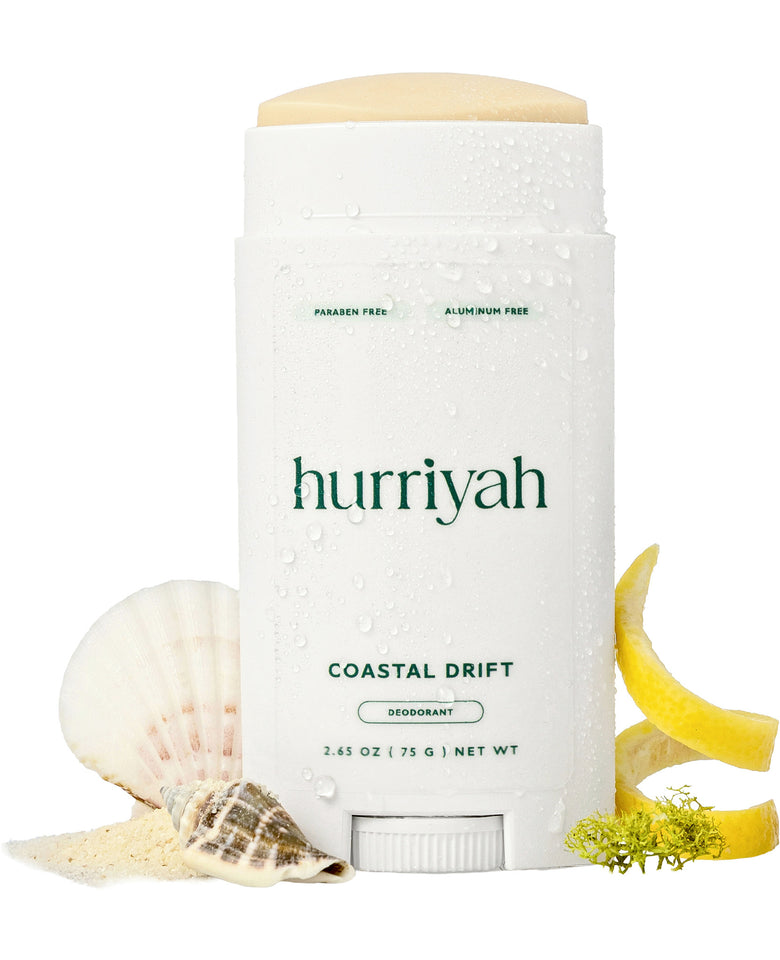 Hurriyah Coastal Drift aluminum-free deodorant stick with shell and citrus