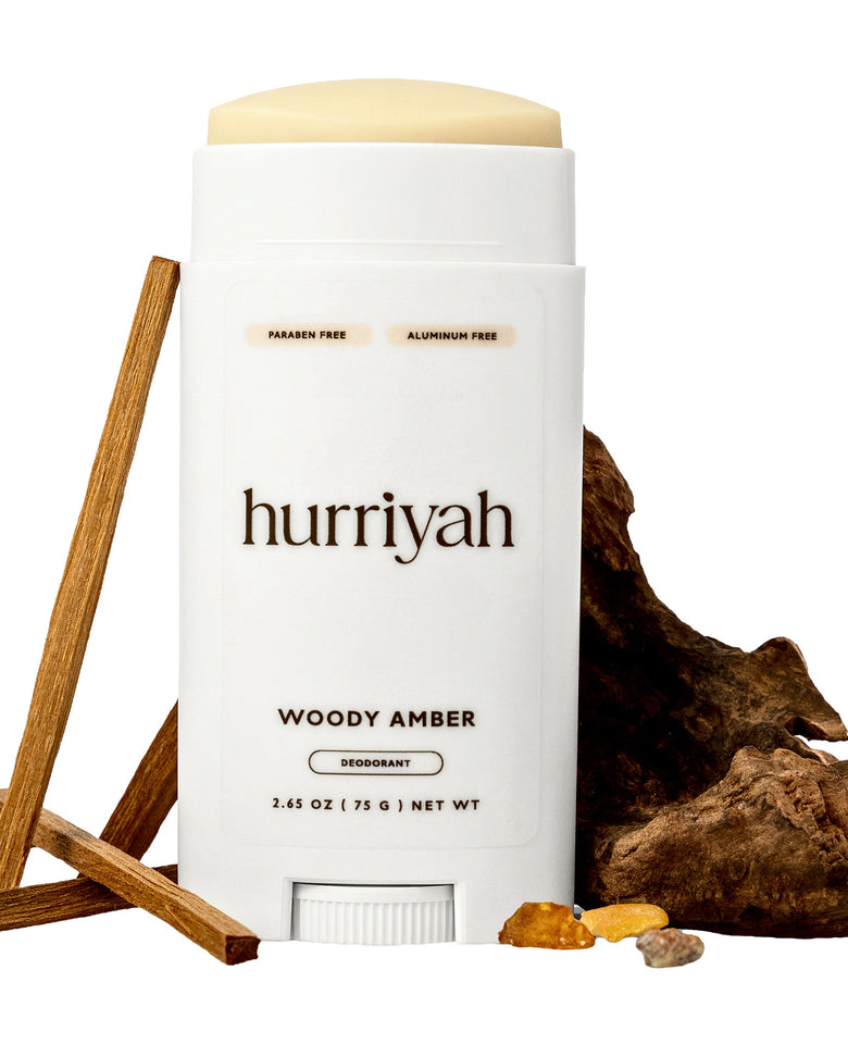 Hurriyah Woody Amber aluminum-free deodorant stick with driftwood and amber